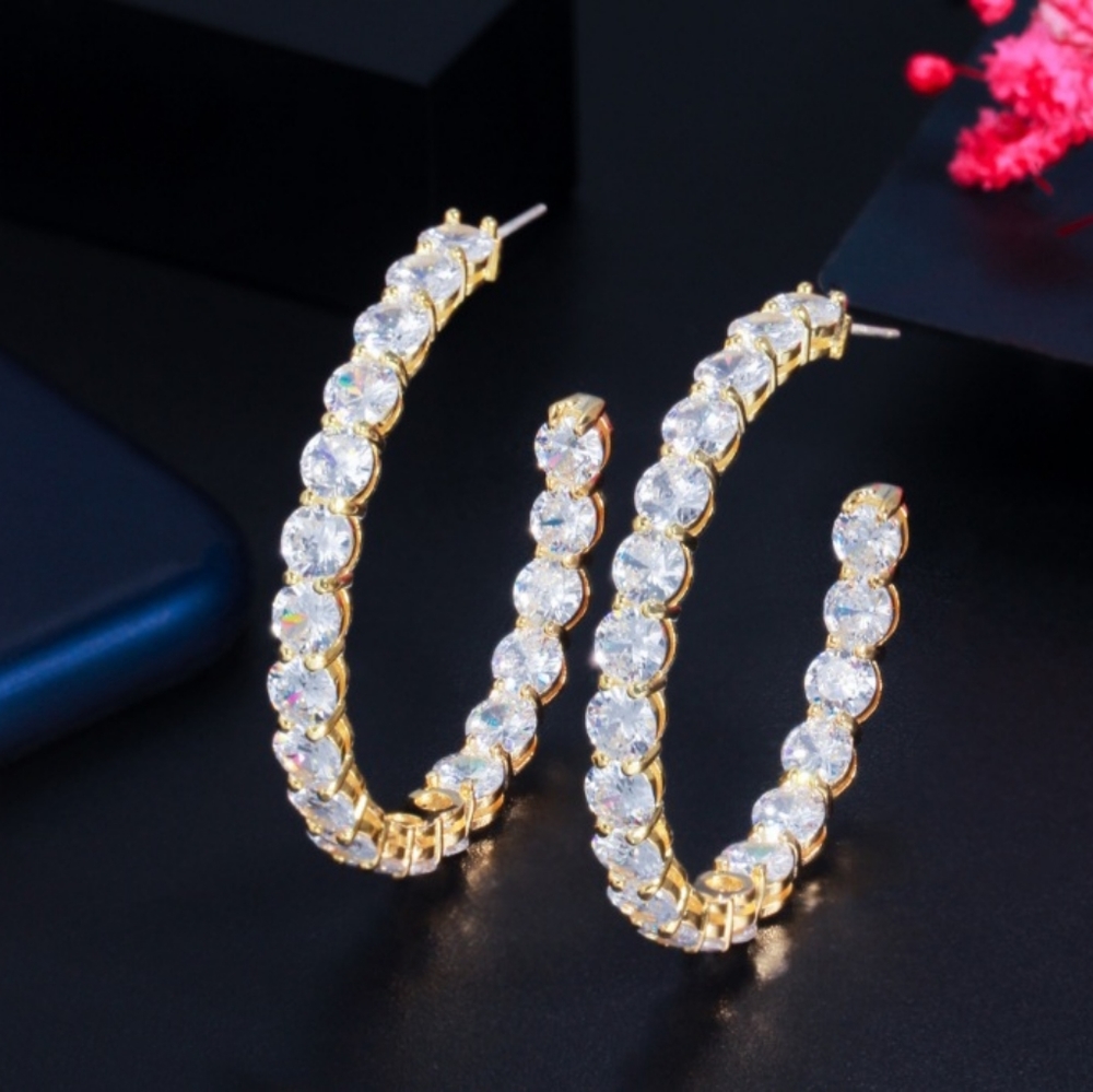 Sparkle Simulated Diamond In-Out Hoop Earring, 925 Sterling Silver Post - Picture 5 of 7